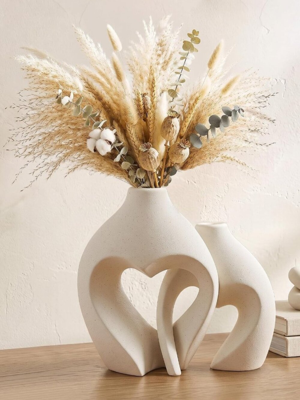 Set of 2 Heart Shaped White Ceramic Flower Vases for Home Table Decor